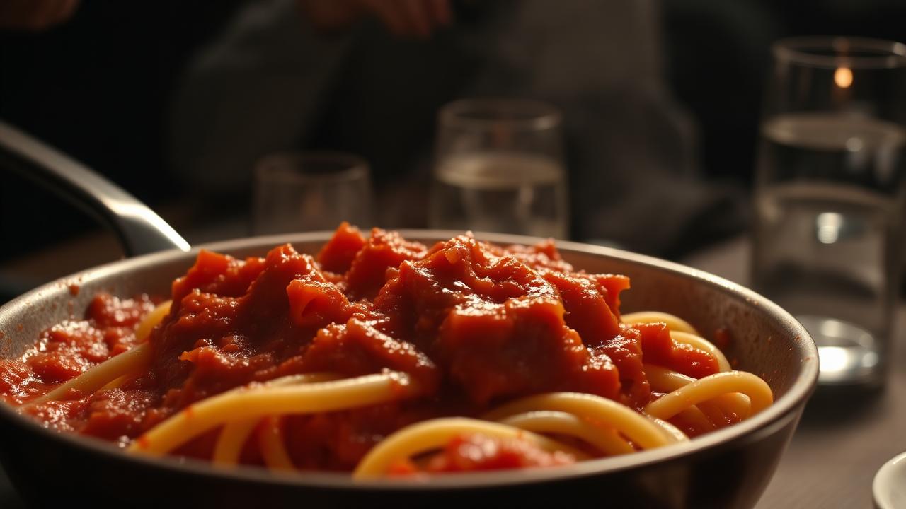 Paccheri pasta in bright red tomato sauce finished tableside in a copper pan