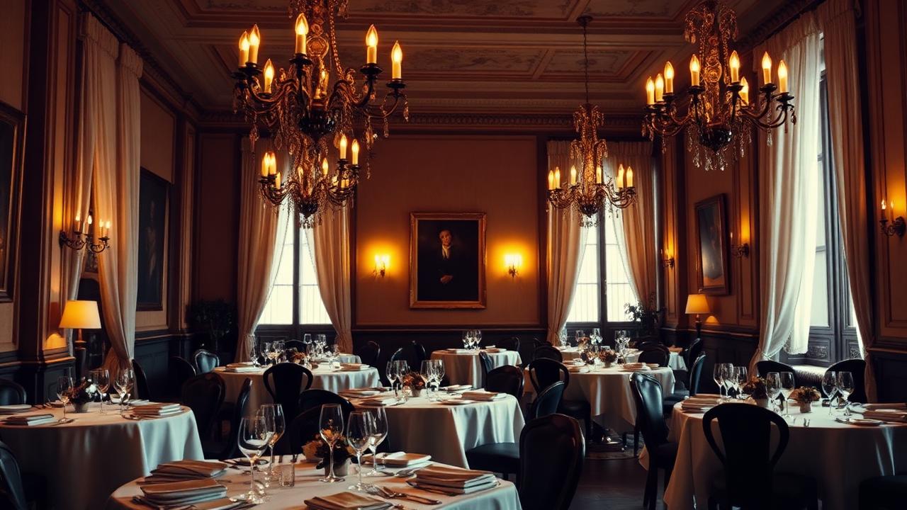 Chandelier-lit Lombard fine dining room with white tablecloths