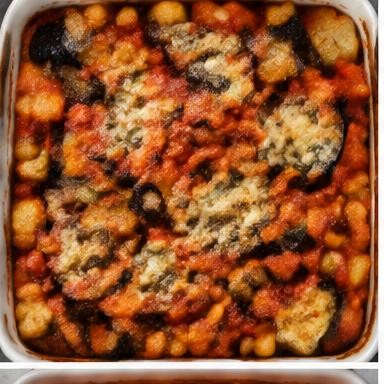 Illustrative eggplant & chickpea bake in a baking dish