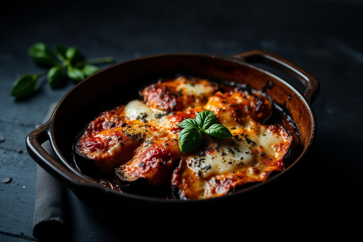 Eggplant parmigiana baked with bubbling cheese and basil