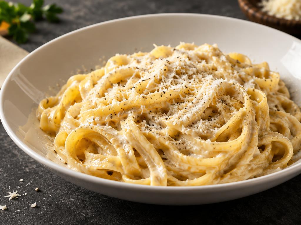 Illustrative fettuccine Alfredo with grated Parmesan and black pepper
