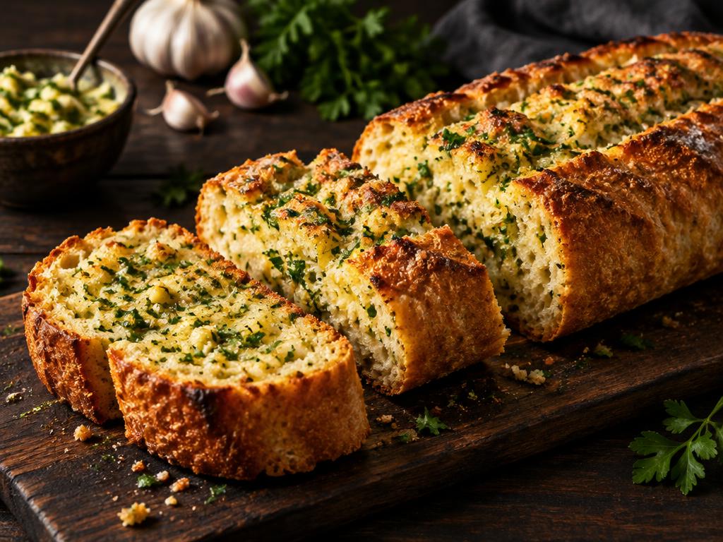 Illustrative golden garlic bread with parsley and garlic butter