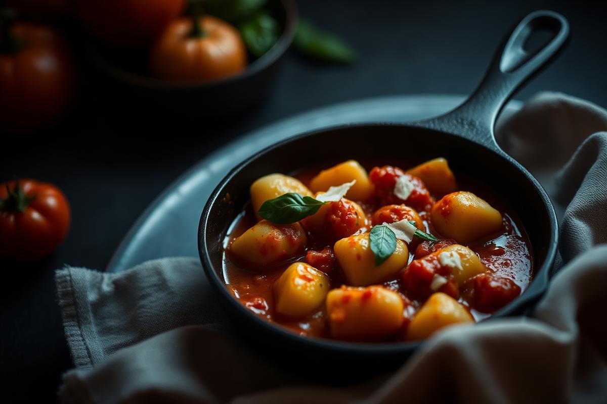 Potato gnocchi in tomato sauce with basil in a cast iron pan