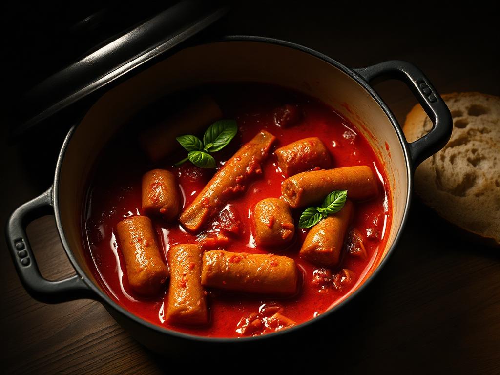 Sausage and peppers simmering in red Sunday gravy in a Dutch oven with crusty bread