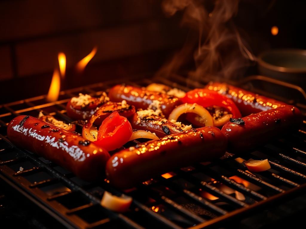 Italian sausages and charred peppers and onions on a flaming barbecue grill