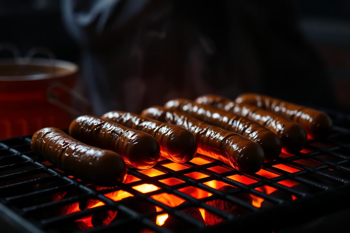 Italian sausage links grilling over glowing charcoal with intact casings