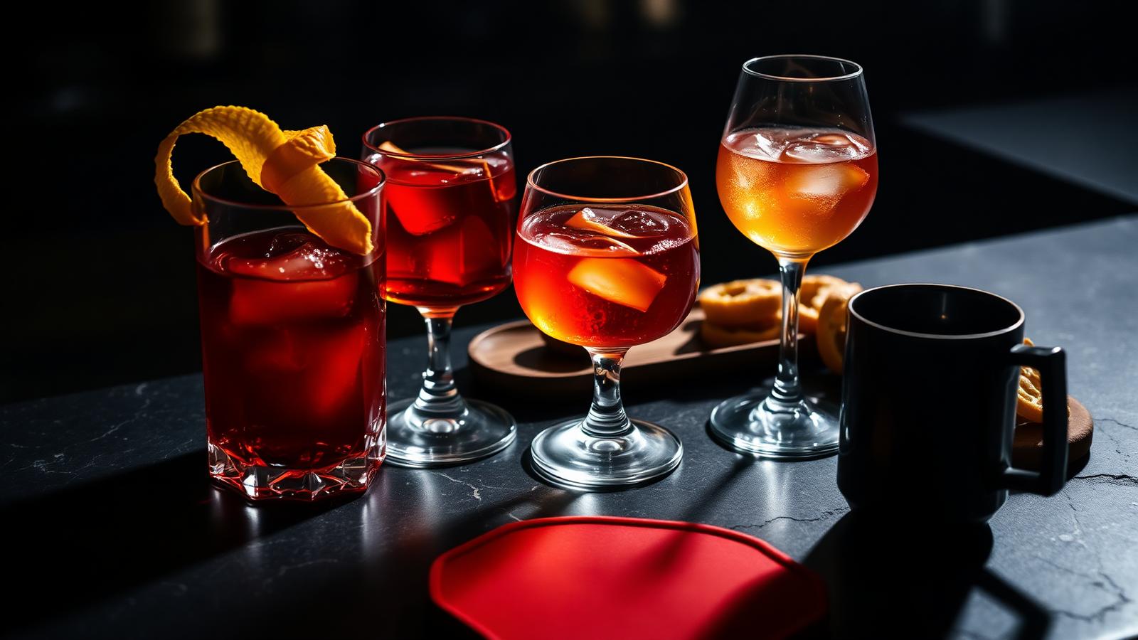 Negroni, Aperol Spritz and espresso arranged on a dark stone bar under warm amber light