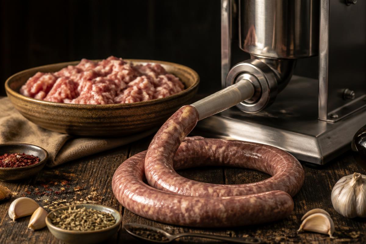 Fresh homemade Italian sausage being stuffed with a stuffer, ground pork and spices nearby