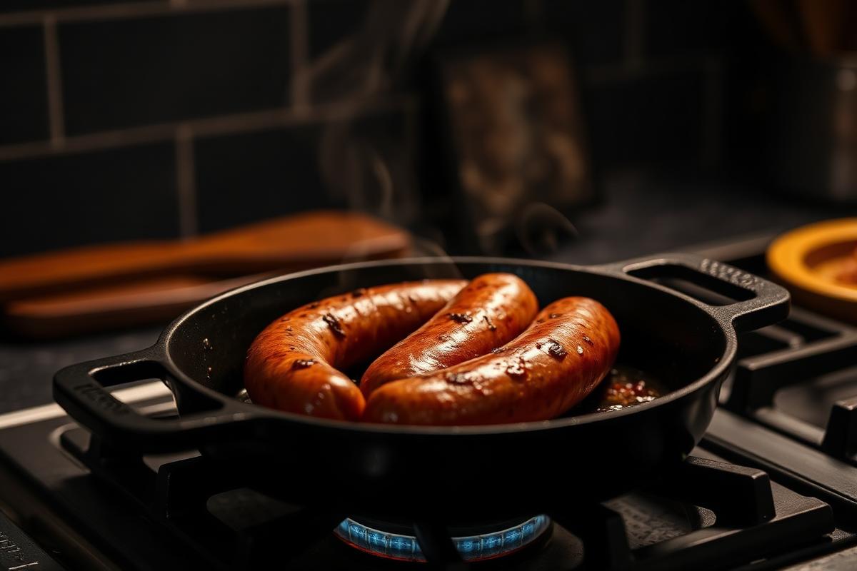 Italian sausage links browning in a cast iron skillet on a stovetop