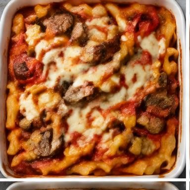 Illustrative italian sausage casserole in a baking dish
