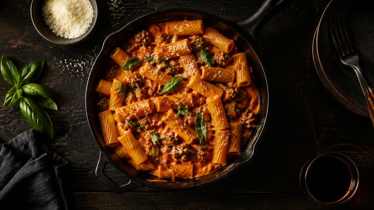 Rigatoni with crumbled Italian sausage in a creamy tomato sauce in a cast iron skillet