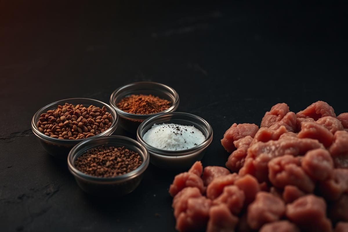 Bowls of fennel seed, paprika, salt and black pepper beside ground pork on a dark surface
