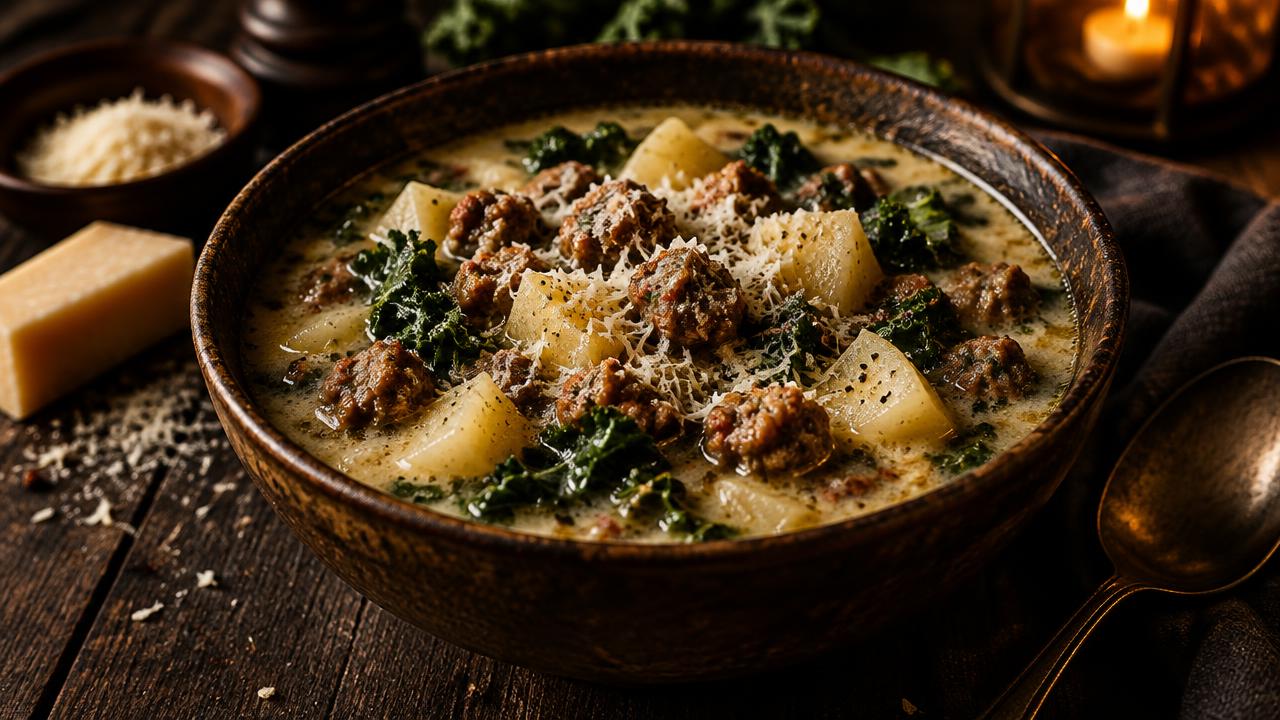 Bowl of Italian sausage soup with potatoes, kale and grated Parmigiano