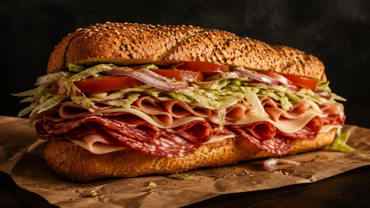Italian sub on a seeded hero roll stacked with cured meats, provolone, lettuce, tomato and onion