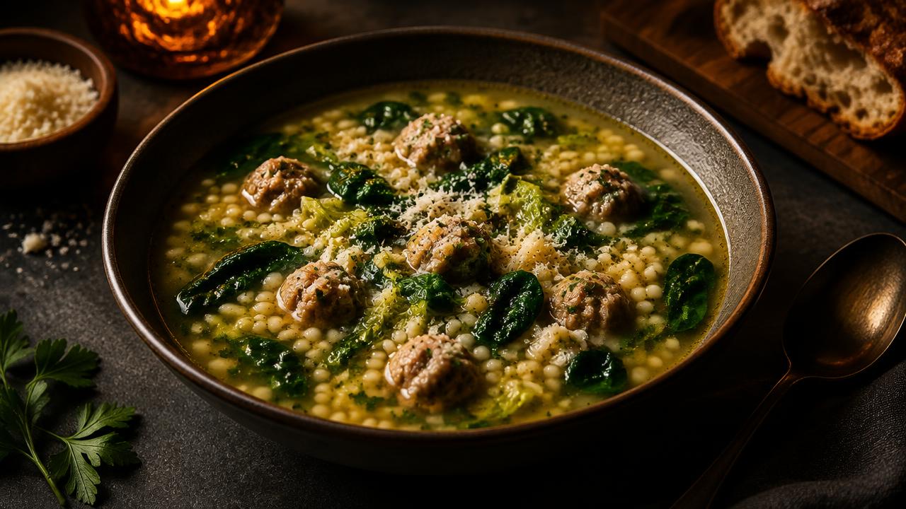 Italian wedding soup with small meatballs, acini di pepe pasta and spinach in golden broth
