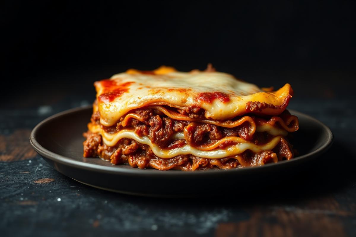 Slice of lasagna alla bolognese with ragu and bechamel layers