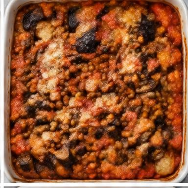 Illustrative lentil & eggplant bake in a baking dish