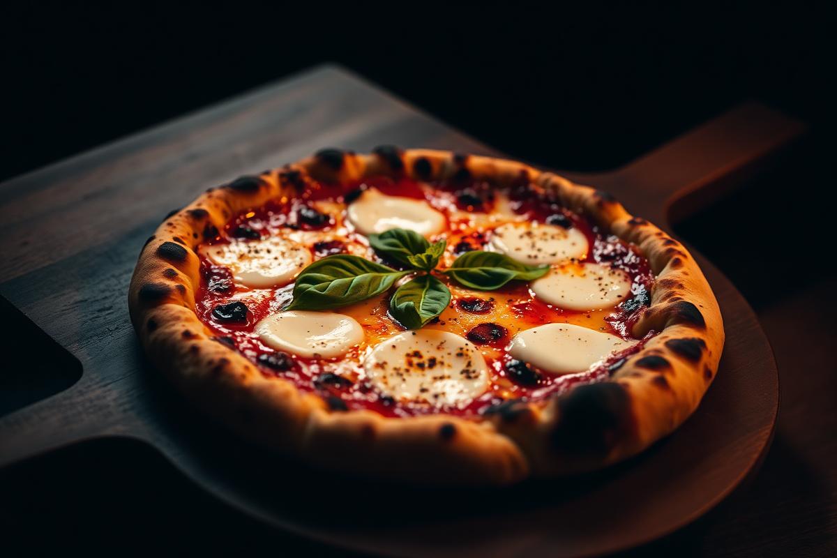 Neapolitan margherita pizza with charred crust, mozzarella and basil