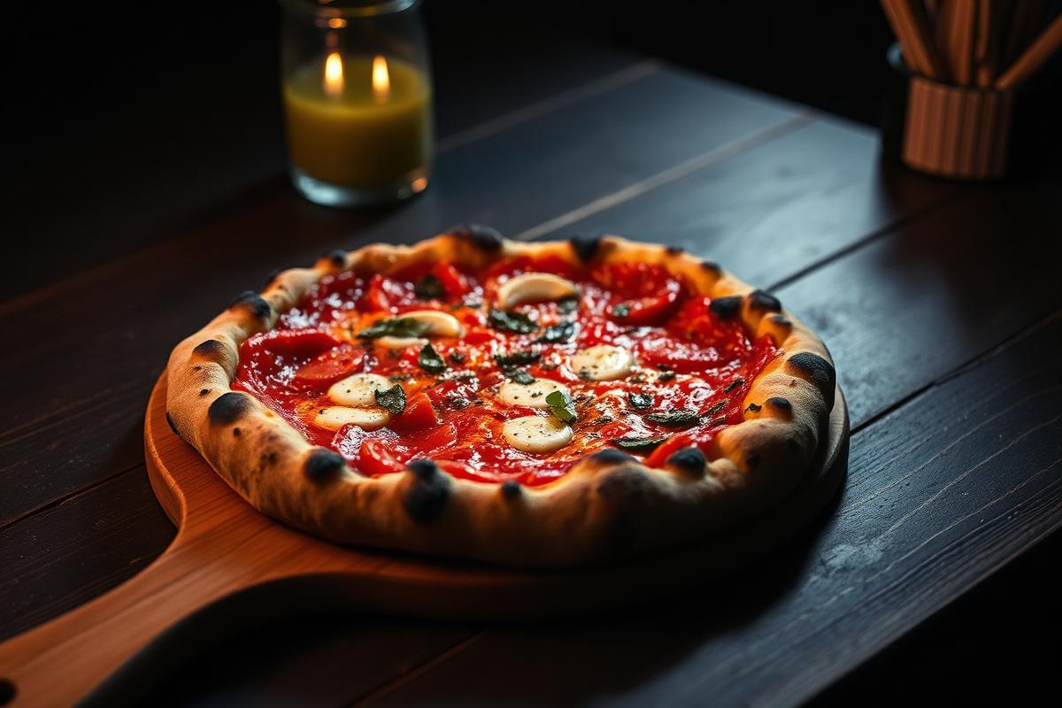 Neapolitan pizza marinara with tomato, garlic and oregano on a wooden peel