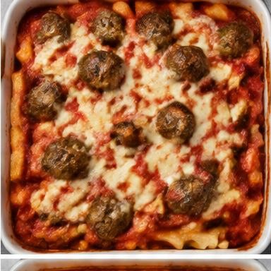 Illustrative meatball casserole in a baking dish