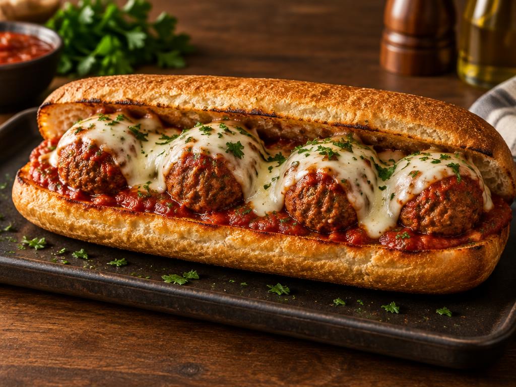 Illustrative meatball sub with tomato sauce and melted provolone