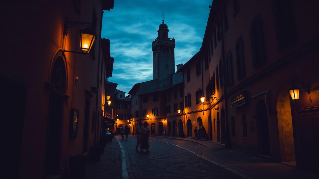 Lantern-lit cobblestone street in central Modena at dusk