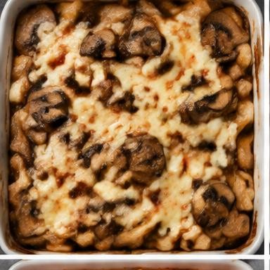 Illustrative mushroom & fontina pasta bake in a baking dish