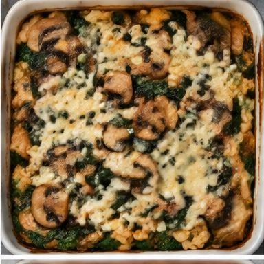 Illustrative mushroom & spinach rice bake in a baking dish