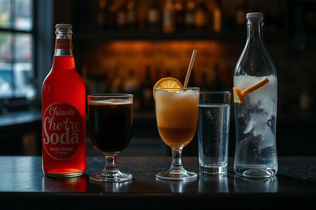 Chinotto, blood orange soda, espresso and sparkling water on a dark counter