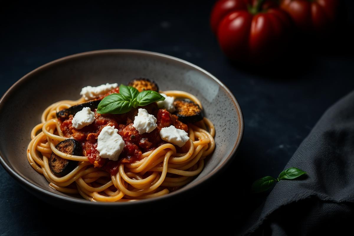 Pasta alla norma with fried eggplant, tomato sauce and ricotta salata
