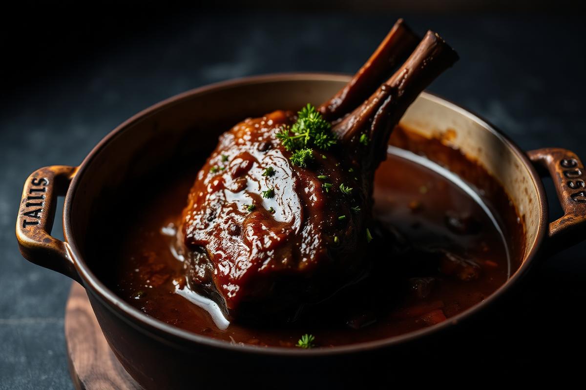 Braised osso buco veal shank with gremolata in a rustic pot