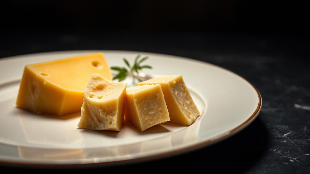 Five textures of Parmigiano Reggiano plated on white porcelain