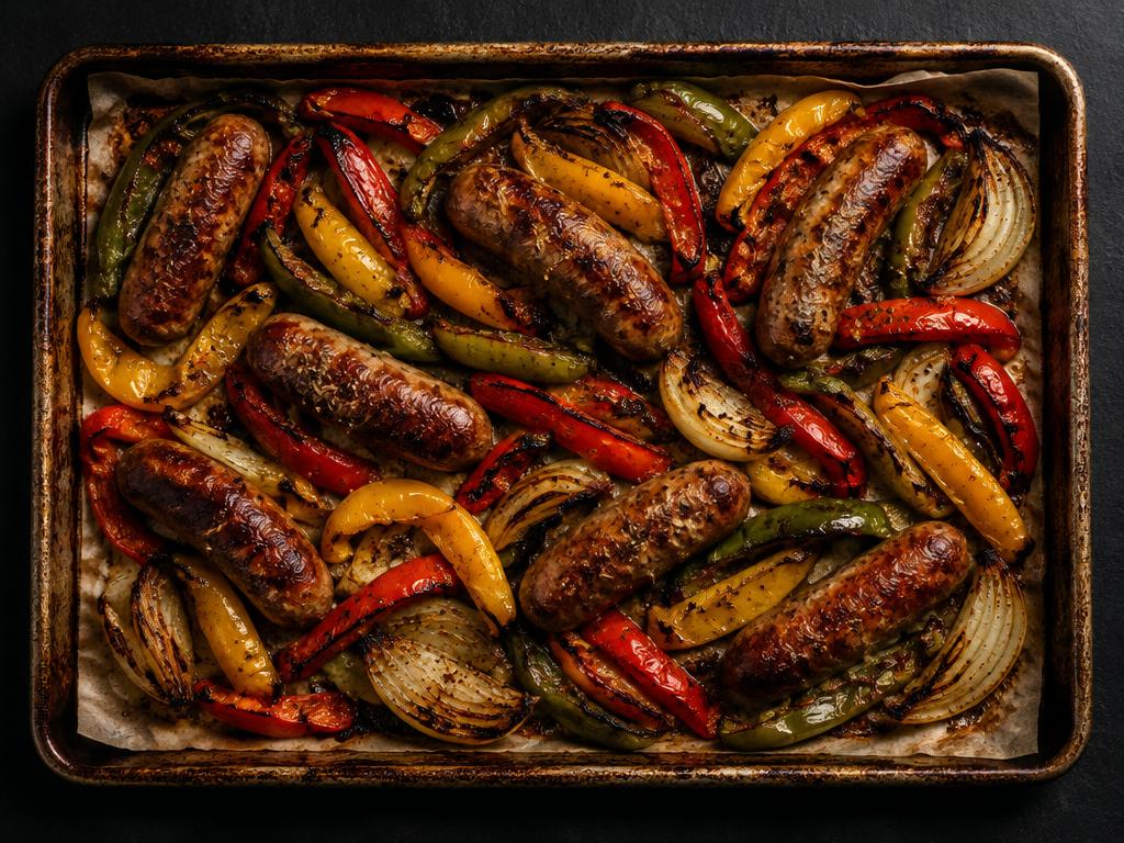 Sheet pan of oven-roasted Italian sausage with caramelized peppers and onions