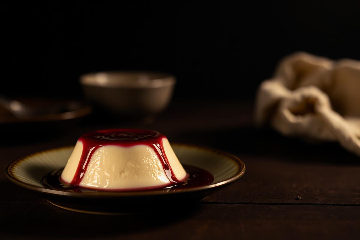 Vanilla panna cotta unmolded on a plate with berry sauce