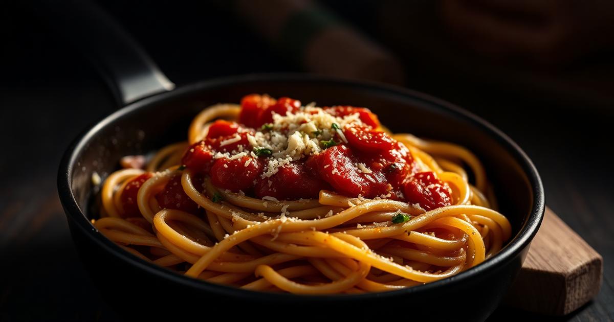 Bowl of Italian pasta tossed in sauce on a dark rustic table
