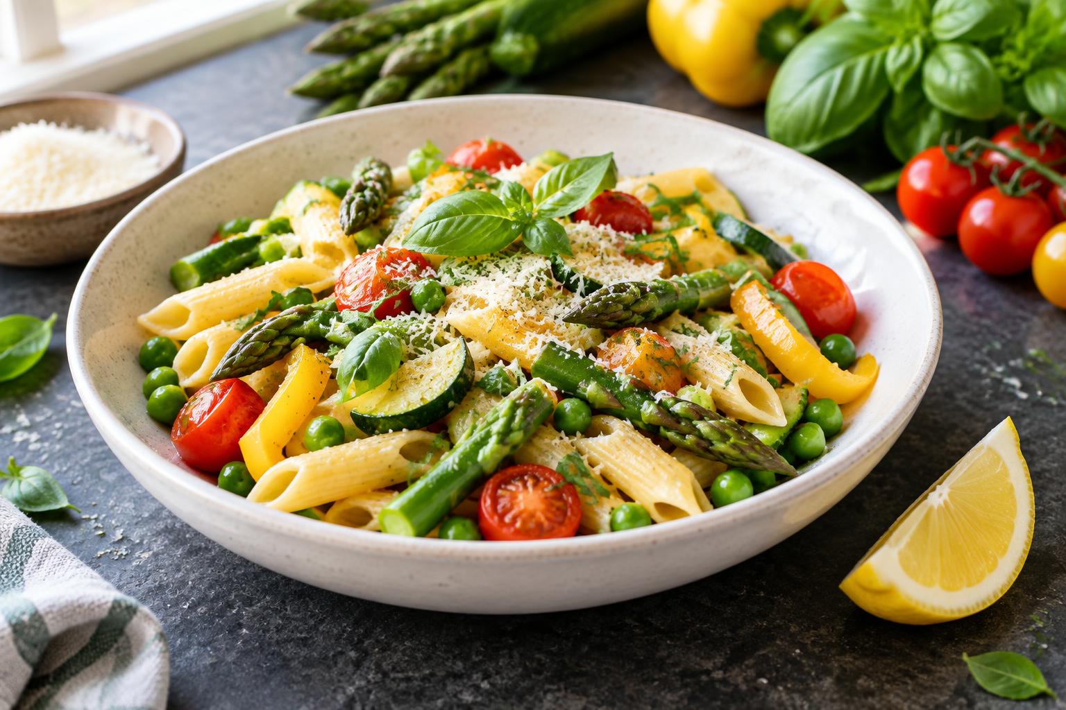 Illustrative penne primavera with asparagus, peas, zucchini, peppers and tomatoes