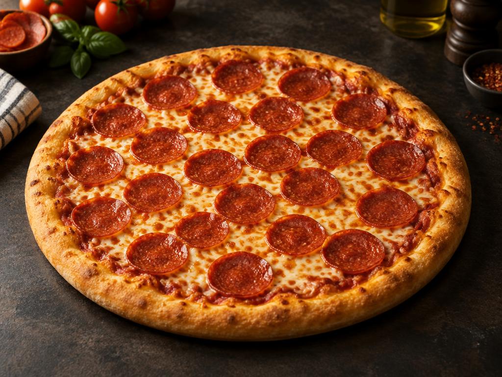 Illustrative pepperoni pizza with a browned crust