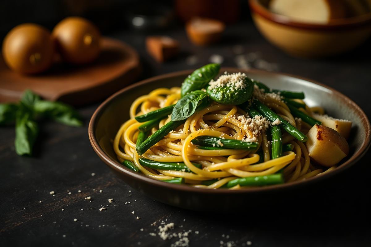 Trofie pasta tossed in basil pesto with green beans and potato