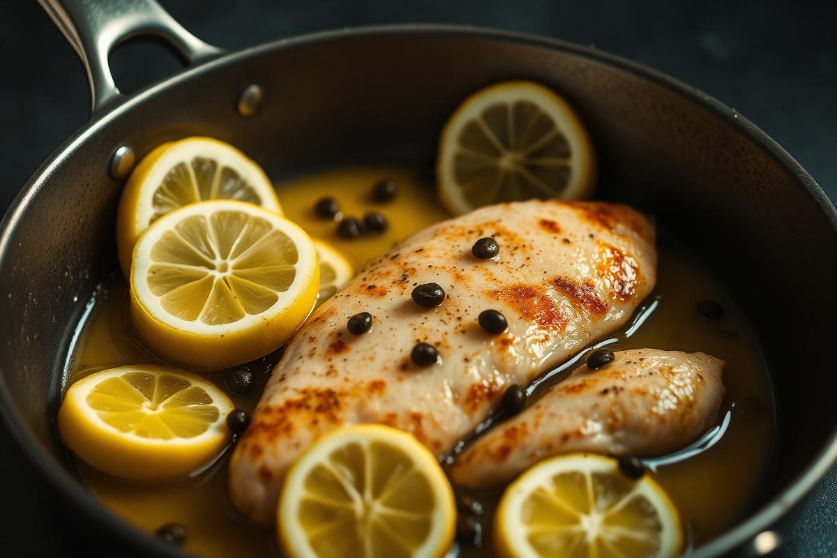 Chicken piccata in a pan with lemon slices and capers