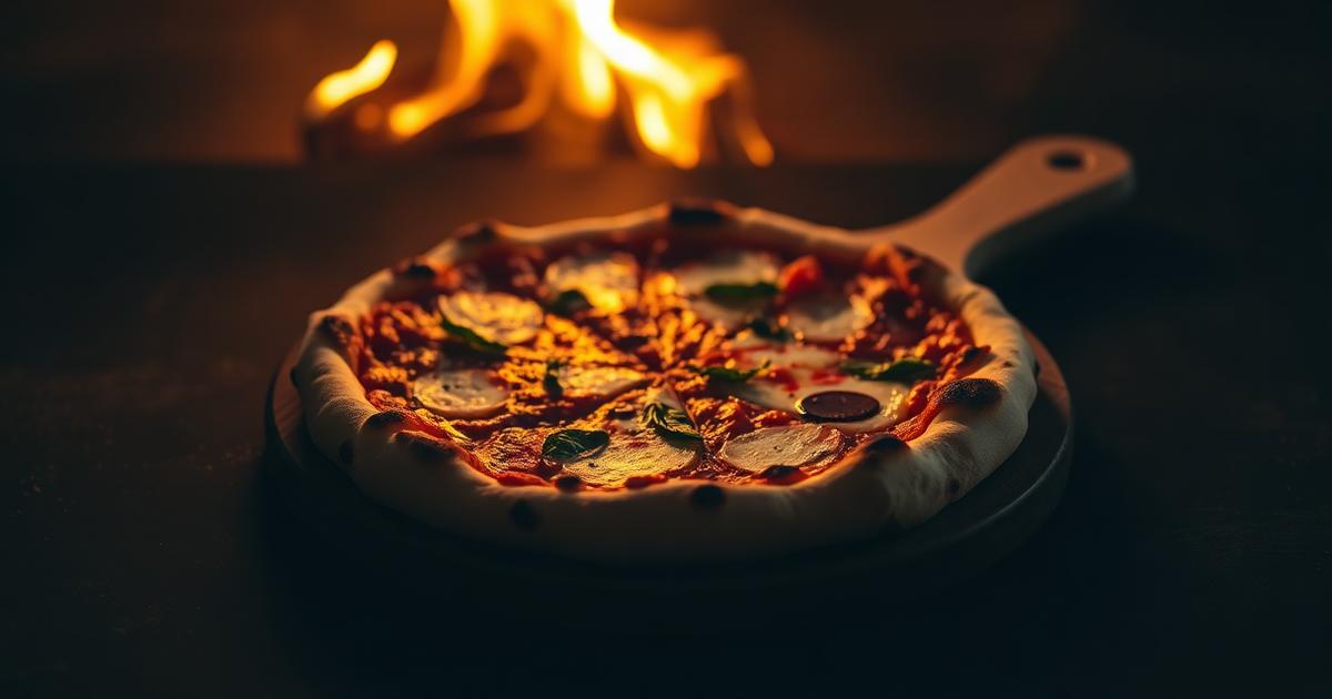 Blistered Neapolitan pizza fresh from the oven on a dark surface
