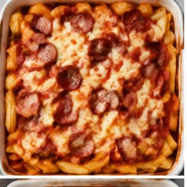 Illustrative pizza casserole in a baking dish