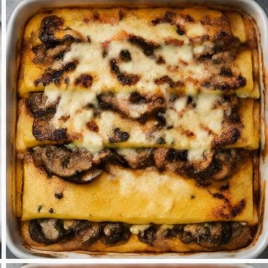 Illustrative polenta & mushroom bake in a baking dish