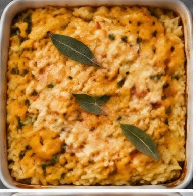 Illustrative pumpkin & sage rice bake in a baking dish