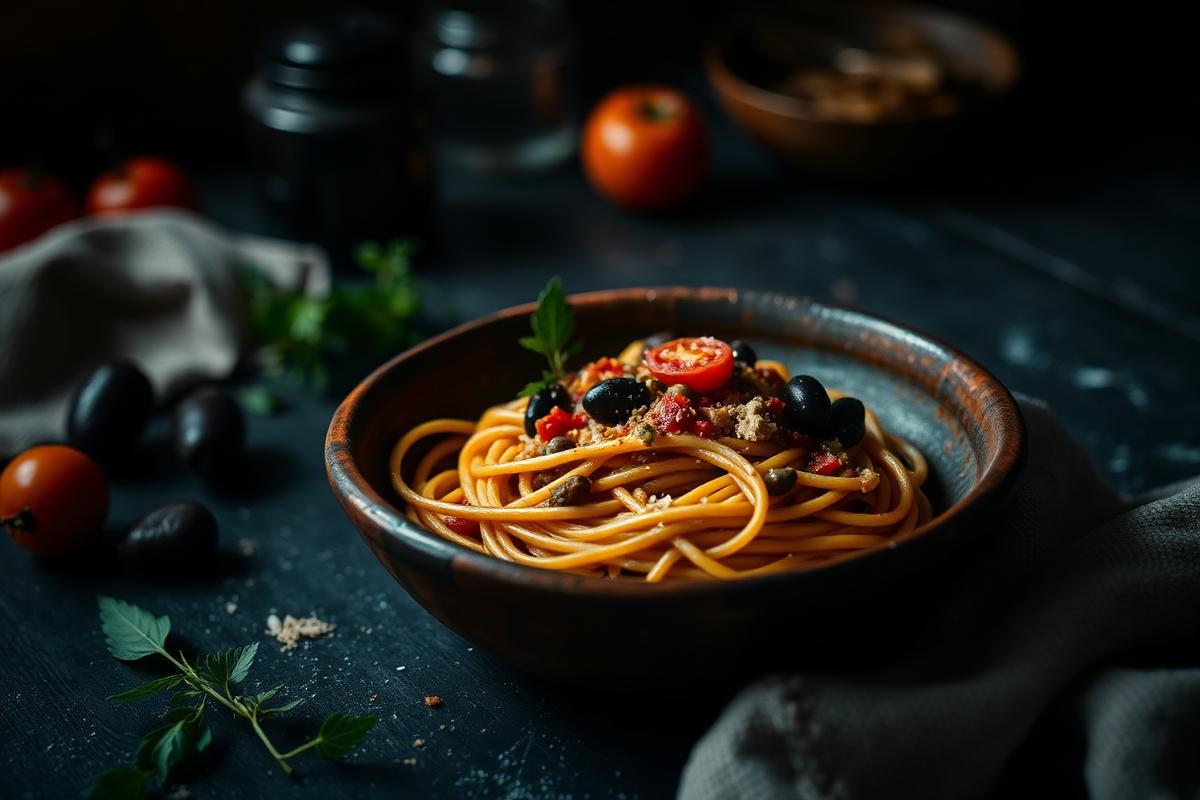 Spaghetti alla puttanesca with olives, capers and tomato