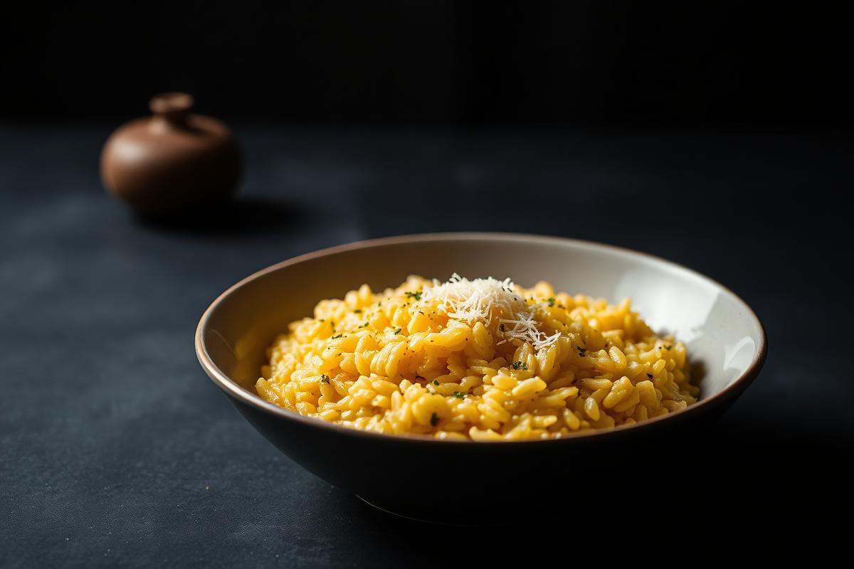 Golden saffron risotto alla milanese in a bowl with parmesan