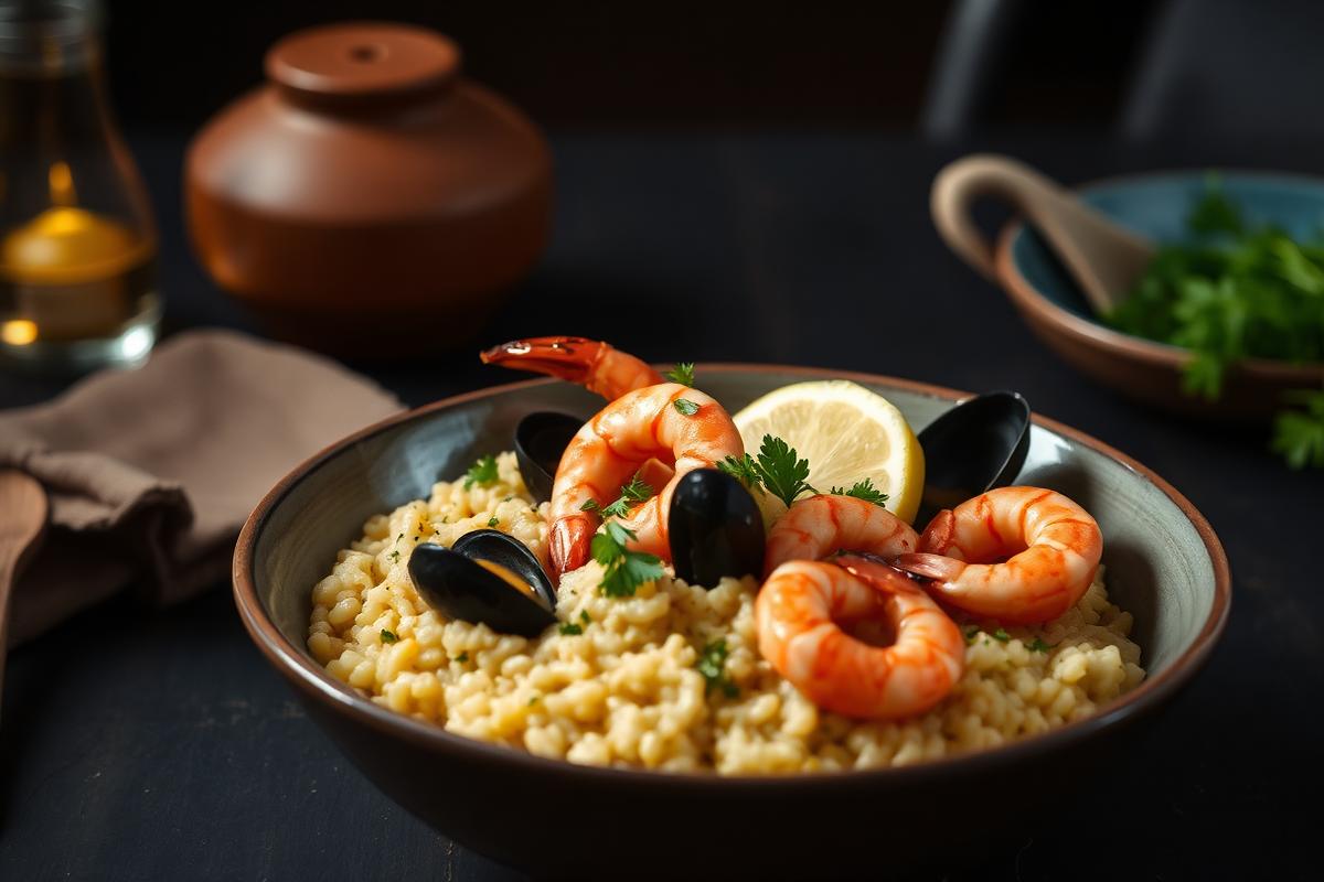 Creamy seafood risotto with shrimp and mussels in a bowl
