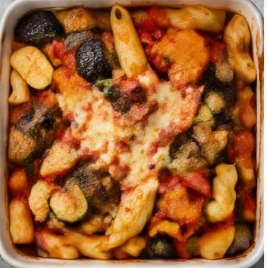 Illustrative roasted vegetable pasta bake in a baking dish