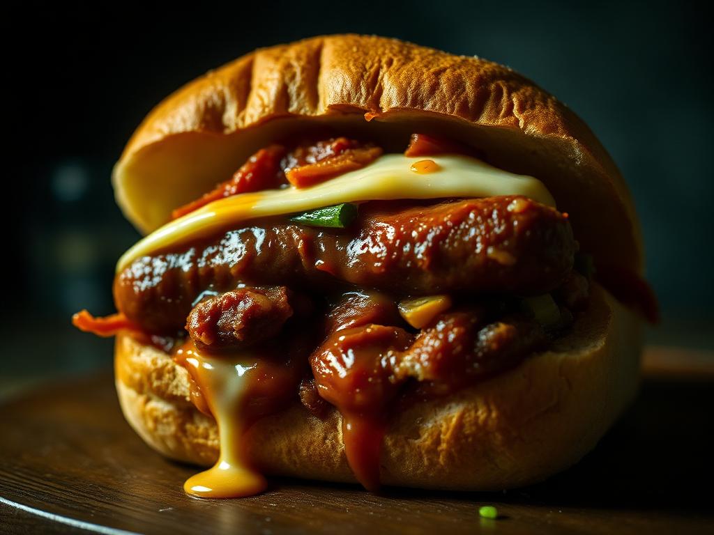 Overstuffed sausage and pepper sandwich with melted provolone on a crusty roll