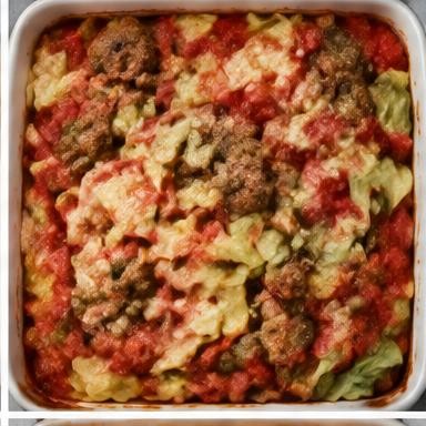 Illustrative sausage & cabbage bake in a baking dish