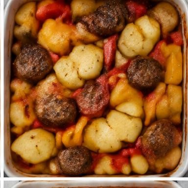Illustrative sausage, potato & pepper bake in a baking dish